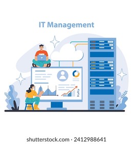 Concepto de procesos y tecnologías operacionales. Sistemas de red eficientes y computación en nube en los negocios modernos. Análisis de datos y seguridad de la infraestructura. Ilustración vectorial plana.