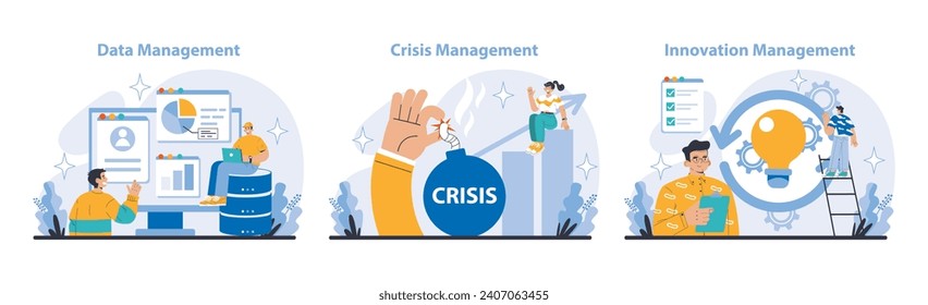 Operational processes and technologies set. Data, Crisis, and Innovation Management. Secure data handling, emergency responsiveness, creative solutions. Flat vector illustration.