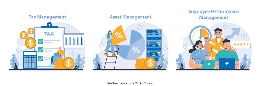 Operational processes and technologies set. Tax, Asset, and Employee Performance Management. Financial strategy, investment allocation, and workforce productivity. Flat vector illustration.