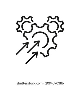 Icono de la línea de crecimiento de producción operativa. Engranaje con pictograma de flecha de aumento. Icono de esquema de proceso de la industria de productividad. Optimización de la Eficacia Empresarial. Stroke editable. Ilustración de vectores aislados.