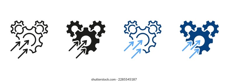 Colección de símbolos de crecimiento de la producción operativa. Optimizar el signo comercial. Engranaje con pictograma de flecha de aumento. Línea de procesos de la industria de productividad y conjunto de iconos de silueta. Ilustración de vectores aislados.