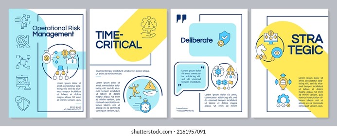 Operational risk management levels blue and yellow brochure template. Leaflet design with linear icons. 4 vector layouts for presentation, annual reports. Questrial, Lato-Regular fonts used