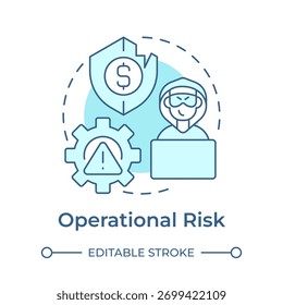 Icono de concepto azul suave de riesgo operativo. Escudo de dinero del seguro. Seguridad financiera. Ilustración de línea de forma redonda. Abstractas idea. Diseño gráfico. Fácil de usar en infografía, presentación