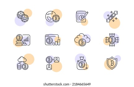 Operations with cryptocurrency set icon. Banking, bitcoin, worldwide, blockchain, cloud, internet, statisticsm shield, safe, money. bag Financial management concept. Vector line icon for Business.