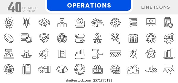 Operations line icon set. Gear, adjustments, setup, preferences, containing options, controls, service, operation, automation, productivity line icon set. UI thin line icon pack.