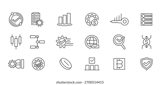 Conjunto de iconos de línea de operaciones. Engranaje, ajustes, configuración, preferencias, que contiene opciones, controles, servicio, operación, automatización, línea de productividad conjunto de iconos. Paquete de iconos de línea delgada de interfaz de usuario.
