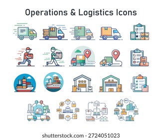 Ícones de Operações e Logística. Ícones de Vetor para Cadeia de Suprimento, Transporte, Inventário e Workflow