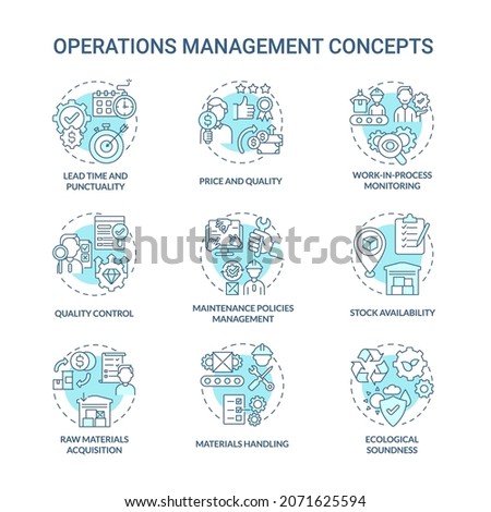 Operations management blue concept icons set. Lead time. Price and quality. Production efficiency control idea thin line color illustrations. Vector isolated outline drawings. Editable stroke