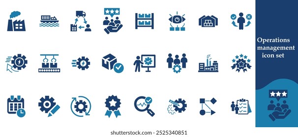 Gestión de operaciones Icono de trazo editable colecciones. Contiene producción, logística, cadena de suministro, manufactura, planificación, inventario, estrategia, satisfacción del Cliente e íconos de costos