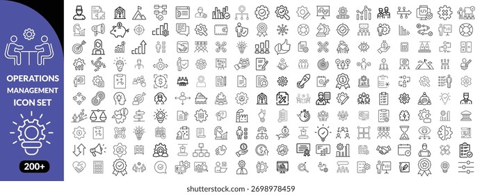 Operations management Editable Stroke icon collections. Containing production, logistics, supply chain, manufacturing, planning, inventory, strategy, customer satisfaction and cost Big icons 