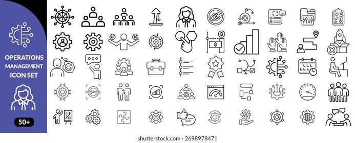 Operations management Editable Stroke icon collections. Containing production, logistics, supply chain, manufacturing, planning, inventory, strategy, customer satisfaction and cost Big icons 