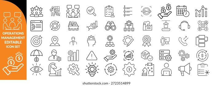 Gestión de operaciones Icono de trazo editable colecciones. Contiene producción, logística, cadena de suministro, manufactura, planificación, inventario, estrategia, satisfacción del Cliente e íconos de costos