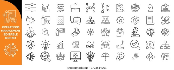 Gestión de operaciones Icono de trazo editable colecciones. Contiene producción, logística, cadena de suministro, manufactura, planificación, inventario, estrategia, satisfacción del Cliente e íconos de costos