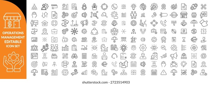 Gestión de operaciones Icono de trazo editable colecciones. Contiene producción, logística, cadena de suministro, manufactura, planificación, inventario, estrategia, satisfacción del Cliente e íconos de costos