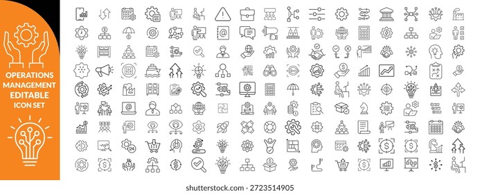 Gestión de operaciones Icono de trazo editable colecciones. Contiene producción, logística, cadena de suministro, manufactura, planificación, inventario, estrategia, satisfacción del Cliente e íconos de costos