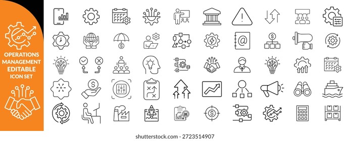 Gestión de operaciones Icono de trazo editable colecciones. Contiene producción, logística, cadena de suministro, manufactura, planificación, inventario, estrategia, satisfacción del Cliente e íconos de costos