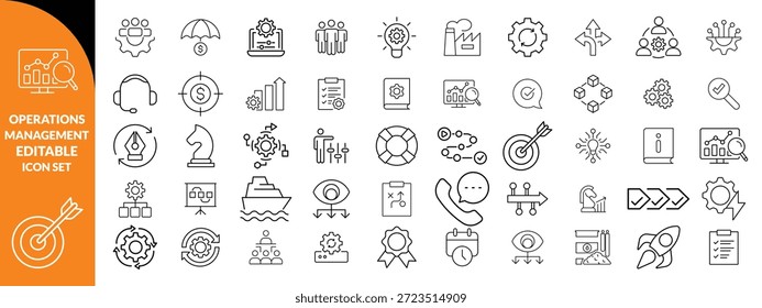 Gestión de operaciones Icono de trazo editable colecciones. Contiene producción, logística, cadena de suministro, manufactura, planificación, inventario, estrategia, satisfacción del Cliente e íconos de costos
