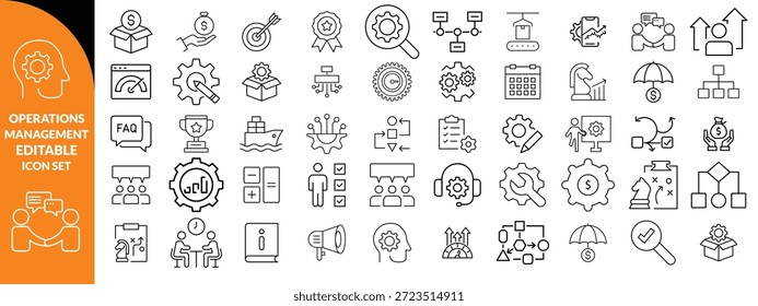Gestión de operaciones Icono de trazo editable colecciones. Contiene producción, logística, cadena de suministro, manufactura, planificación, inventario, estrategia, satisfacción del Cliente e íconos de costos
