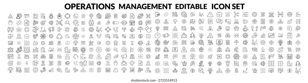 Operations management Editable Stroke icon collections. Containing production, logistics, supply chain, manufacturing, planning, inventory, strategy, customer satisfaction and cost icons