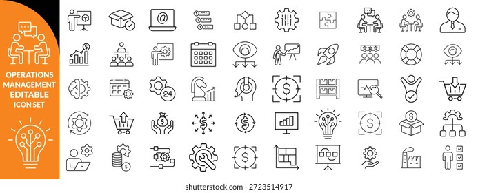Gestión de operaciones Icono de trazo editable colecciones. Contiene producción, logística, cadena de suministro, manufactura, planificación, inventario, estrategia, satisfacción del Cliente e íconos de costos