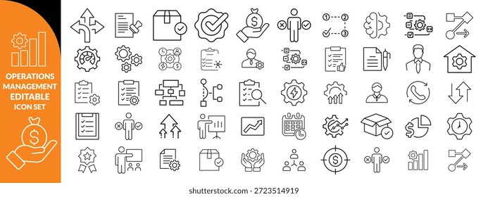 Gestión de operaciones Icono de trazo editable colecciones. Contiene producción, logística, cadena de suministro, manufactura, planificación, inventario, estrategia, satisfacción del Cliente e íconos de costos