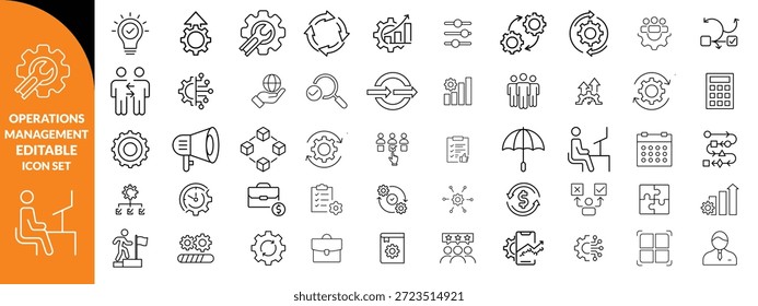 Gestión de operaciones Icono de trazo editable colecciones. Contiene producción, logística, cadena de suministro, manufactura, planificación, inventario, estrategia, satisfacción del Cliente e íconos de costos