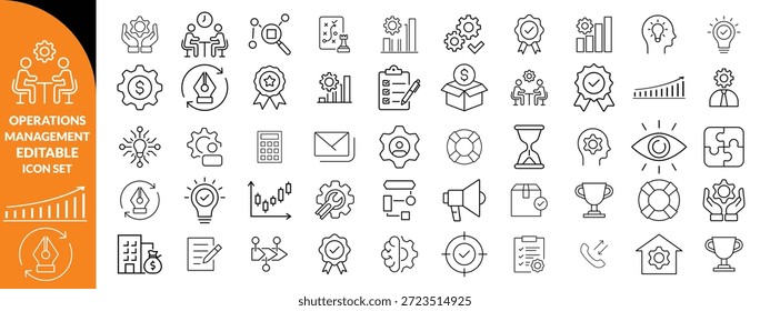 Gestión de operaciones Icono de trazo editable colecciones. Contiene producción, logística, cadena de suministro, manufactura, planificación, inventario, estrategia, satisfacción del Cliente e íconos de costos