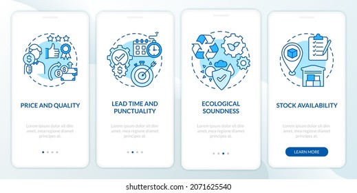 Operations management effectiveness blue onboarding mobile app page screen. Control walkthrough 4 steps graphic instruction with concept. UI, UX, GUI vector template with linear color illustrations