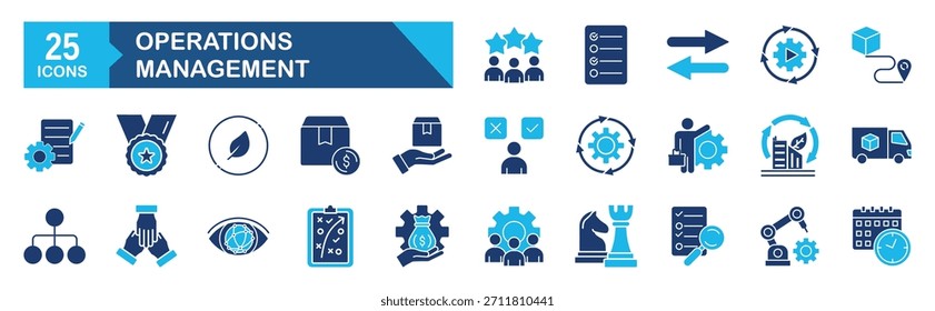 Conjunto de iconos de gestión de operaciones Concepto de diseño plano monocromo azul para operación, gestión, producción, logística, suministro, fabricación, costo, estrategia