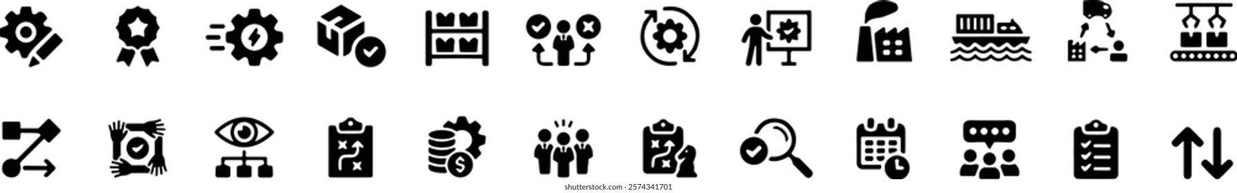 Operations management icon set. Containing production, logistics, supply chain, manufacturing, planning, inventory management, strategy, customer satisfaction and cost icons