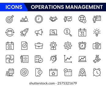 Operations management icon set. Containing production, logistics, supply chain, manufacturing, planning, inventory management, strategy, customer satisfaction and cost icons