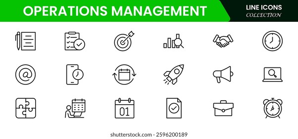 Operations management icon set. Containing production, logistics, supply chain, manufacturing, planning, inventory management, strategy, customer satisfaction and cost icons