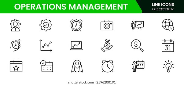 Operations management icon set. Containing production, logistics, supply chain, manufacturing, planning, inventory management, strategy, customer satisfaction and cost icons