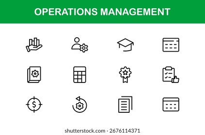 Conjunto de Ícones do Operations Management com Ferramentas de Fluxo de Trabalho, Planejamento, Logística e Negócios em Estilo de Vetor