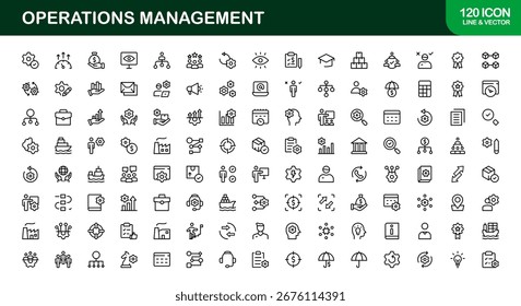 Conjunto de Ícones do Operations Management com Ferramentas de Fluxo de Trabalho, Planejamento, Logística e Negócios em Estilo de Vetor
