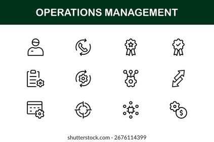 Operations Management Icon Set Featuring Workflow, Planning, Logistics, and Business Tools in Vector Style