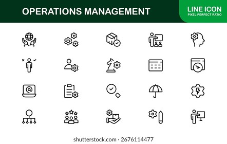 Operations Management Icon Set Featuring Workflow, Planning, Logistics, and Business Tools in Vector Style