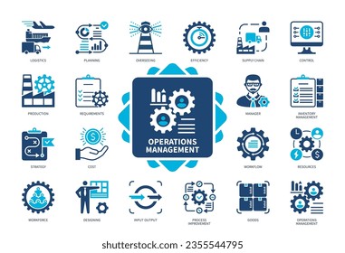 Symbol-Set für das Betriebsmanagement. Überwachung, Strategie, Logistik, Prozessverbesserung, Lieferkette, Ressourcen, Belegschaft, Produktion. Duotone-Farbsymbole