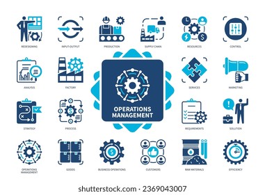 Symbol-Set für das Betriebsmanagement. Dienstleistungen, Strategie, Kontrolle, Prozess, Geschäftsabläufe, Analyse, Ressourcen, Güter, Effizienz. Duotone-Farbsymbole