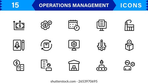 Conjunto de Ícones do Operations Management em Estilo de Vetor com Ferramentas de Fluxo de Trabalho, Processo e Negócios