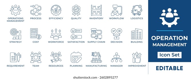 Operations management line icon set representing workflow, process optimization, logistics, supply chain, productivity, efficiency, planning, and strategic business operations.