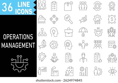 Iconos de línea de gestión de operaciones. Trazo editable. incluyendo producción, fabricación, cadena de suministro y gestión de recursos. Ideal para el diseño de Sitios web, marca, desarrollo de App y más