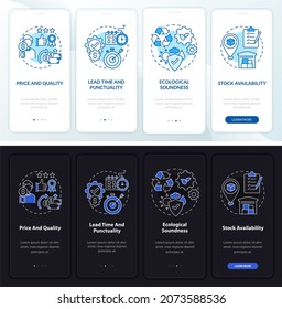 Operations management measure onboarding mobile app page screen. Control walkthrough 4 steps graphic instruction with concept. UI, UX, GUI vector template with night and day mode illustrations