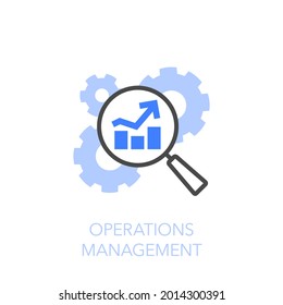 Operations management symbol with cogwheels and a magnifier with a growing efficiency curve. Easy to use for your website or presentation.