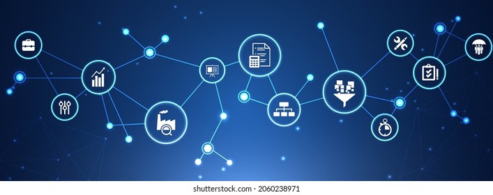 Operations management vector illustration. Blue concept related to organization, project planning and strategy, material flow, input and output - Shutterstock ID 2060238971