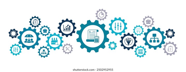 Operations management vector illustration. Blue concept related to organization, project planning and strategy, material flow, input and output, production  manufacturing, monitoring performance.
