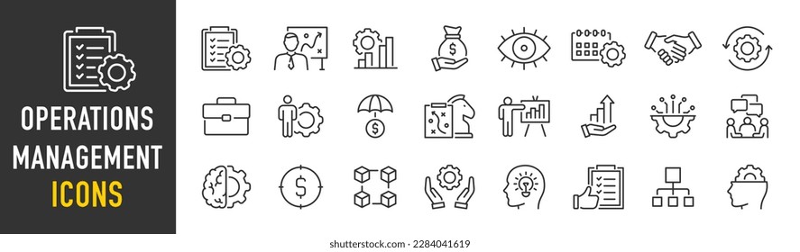 Operations management web icons in line style. Logistics, business process, maintenance, supply chain, improvement, planning, collection. Vector illustration.