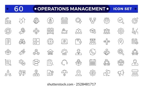 Operations management web icons in line style. Logistics, business process, maintenance, supply chain, improvement, planning,Audit, processing, operation  collection. 
