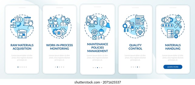 Operations managers duties blue onboarding mobile app page screen. Business walkthrough 5 steps graphic instructions with concepts. UI, UX, GUI vector template with linear color illustrations