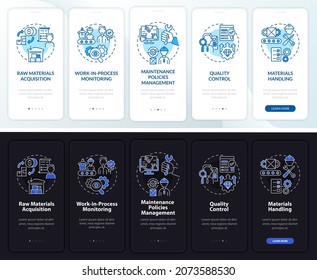 Los administradores de operaciones realizan tareas oscuras, luz en la pantalla de la página de la aplicación móvil. Recorrido de trabajo 5 instrucciones gráficas de paso con conceptos. UI, UX, plantilla de vector GUI con ilustraciones de modo nocturno, día